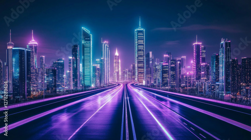 Road to night city, empty highway and glowing skyline with futuristic urban architecture, megapolis infrastructure with modern skyscraper buildings, purple neon background, Cartoon vector illustration