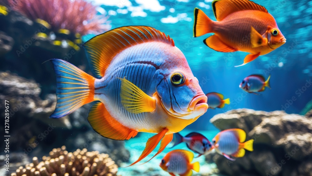 Fototapeta premium Vibrant Tropical Fish in Clear Blue Red Sea Water with Coral Reef Background and Space for Text Overlay