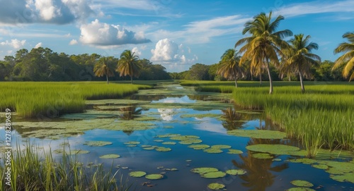 Tranquil Everglades National Park Scenic Landscape with Lush Greenery and Reflective Water Under Clear Blue Sky