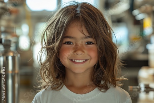Joyful child with long hair smiling in a bright and lively indoor space during the day