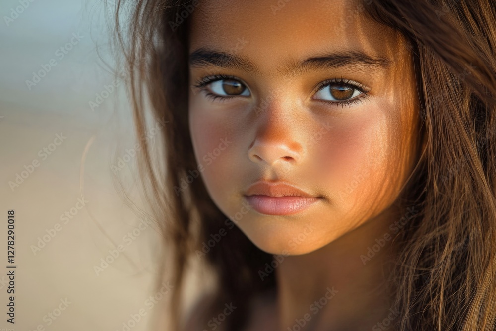 Child with long hair gazes thoughtfully at the camera during sunset at the beach in a warm, serene atmosphere Child with long hair gazes thoughtfully at the camera during sunset at the beach in a warm, serene atmosphere