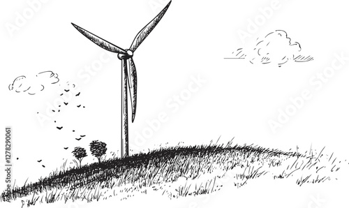 Sketch of a wind turbine on a grassy hill with clouds.