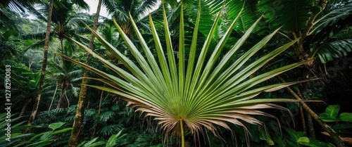 Tropical Forest with Fan Palm Tree Leaf Surrounded by Lush Greenery and Dense Foliage in a Serene Natural Environment photo