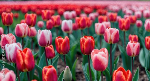 Vibrant Field of Red and Pink Tulips in Bloom against a Lush Green Background Symbolizing Spring and Natural Beauty