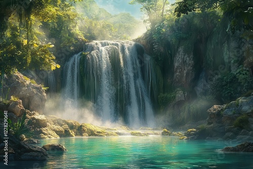 a majestic cascading waterfall plunges into a crystal-clear emerald pool, surrounded by lush tropical vegetation and moss-covered rocks, golden sunlight filtering through mist