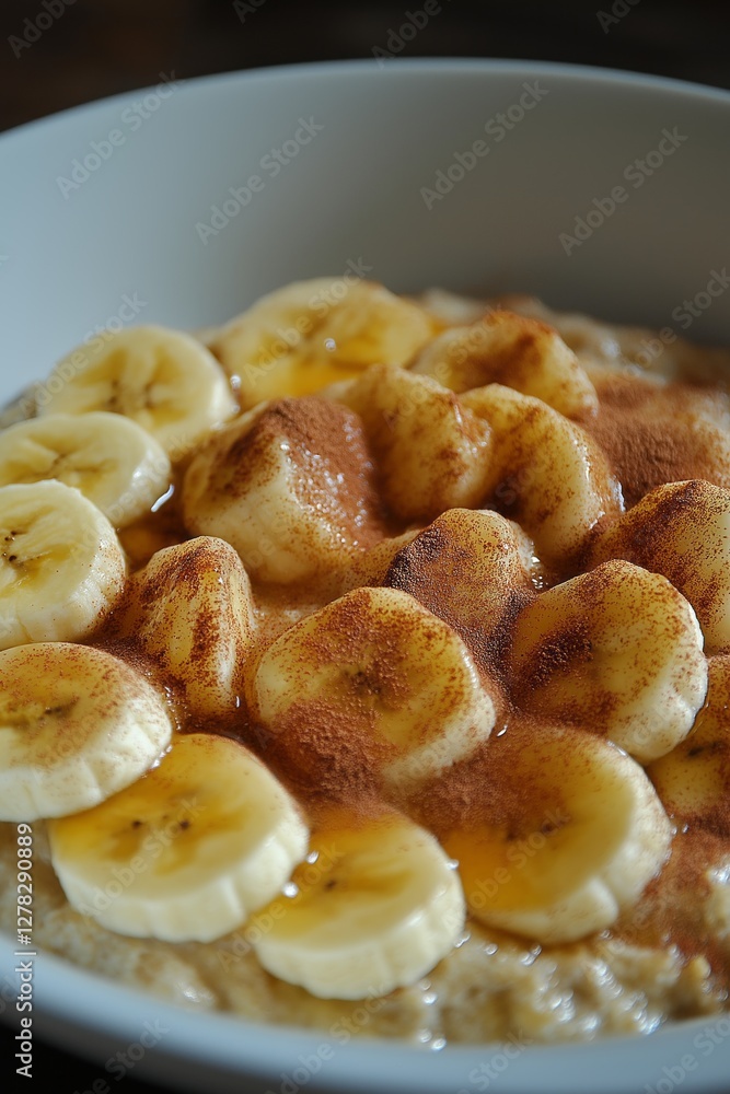 A bowl of oatmeal topped with sliced bananas, a sprinkle of cinnamon, and a drizzle of maple syrup. A bowl of oatmeal topped with sliced bananas, a sprinkle of cinnamon, and a drizzle of maple syrup.