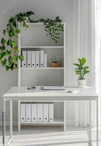 Minimalist White Home Office Workspace With Plants