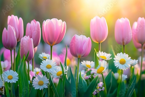 Springtime blooms of vibrant tulips and cheerful daisies against a bright background, springtime banner photograph, spring season flowers advertising image