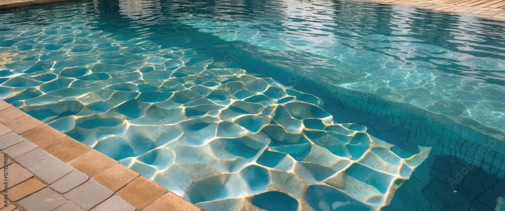 Obraz premium Swimming Pool Surface with Reflections and Textured Floor Tiles Under Clear Water