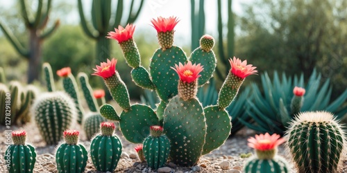 Cactus Garden in Desert with Vibrant Flowers and Green Background Ideal for Summer Seasonal Promotion or Natural Beauty Themes photo