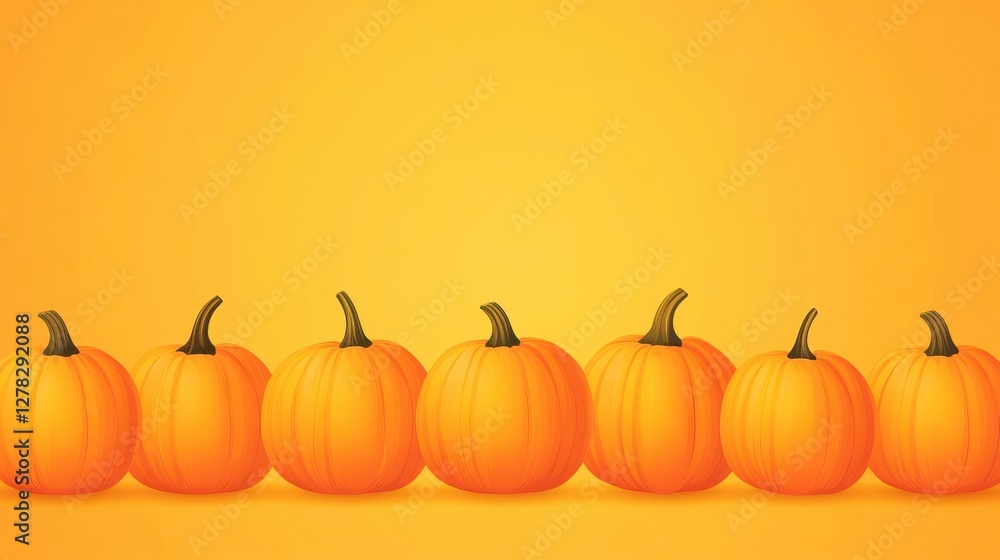 A row of vibrant orange pumpkins against a bright yellow background, highlighting autumn and harvest themes. A row of vibrant orange pumpkins against a bright yellow background, highlighting autumn and harvest themes.