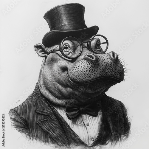 Cute Old School Style Hippo in a dapper hat, sepia, gangster vibe, peaky blinders photo