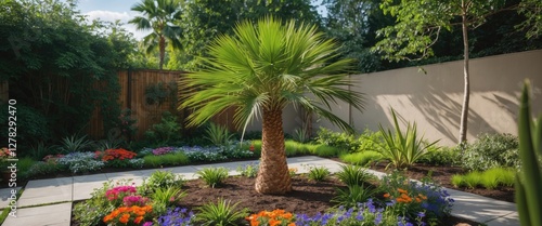 Fototapeta Naklejka Na Ścianę i Meble -  Lush garden landscape showcasing a small green palm tree surrounded by vibrant flowerbeds on a sunny day. Ideal for outdoor design themes.