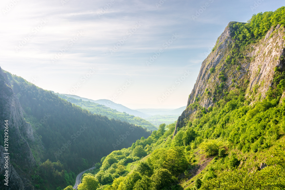 mountain landscape of romania in springtime. rock formation and grassy hill in morning light. scenery in valisoarei valley