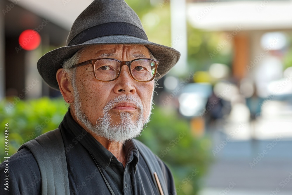 Elderly man with glasses and hat stands on a city street looking thoughtfully at the camera during daytime activity Elderly man with glasses and hat stands on a city street looking thoughtfully at the camera during daytime activity