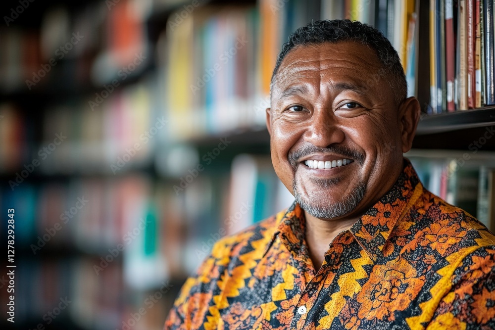 Smiling man in vibrant patterned shirt poses in a library filled with books in the afternoon Smiling man in vibrant patterned shirt poses in a library filled with books in the afternoon