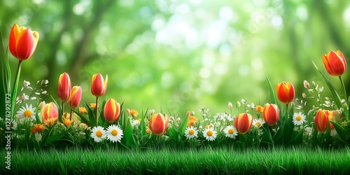 Springtime blooms of tulips and daisies creating a vibrant community welcome banner, springtime banner photograph, spring season flowers advertising image