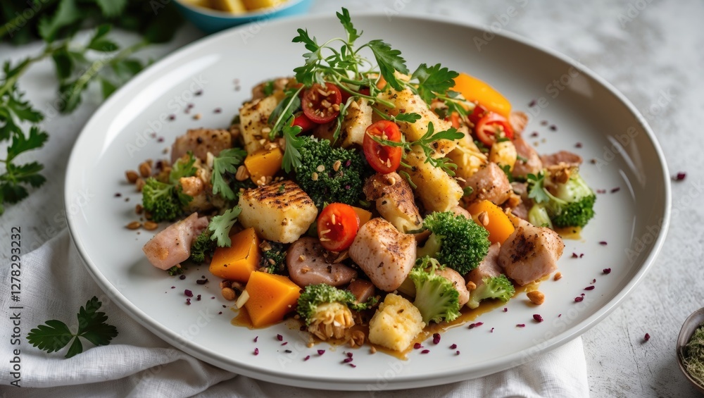 Colorful Vegetable and Chicken Dish on White Plate with Fresh Herbs and Empty Space for Text or Branding Colorful Vegetable and Chicken Dish on White Plate with Fresh Herbs and Empty Space for Text or Branding