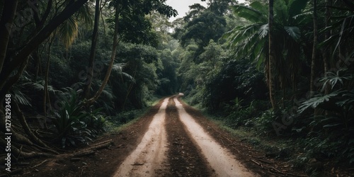 Winding dirt road through a dense jungle surrounded by lush vegetation ideal for outdoor adventures and nature exploration themes photo