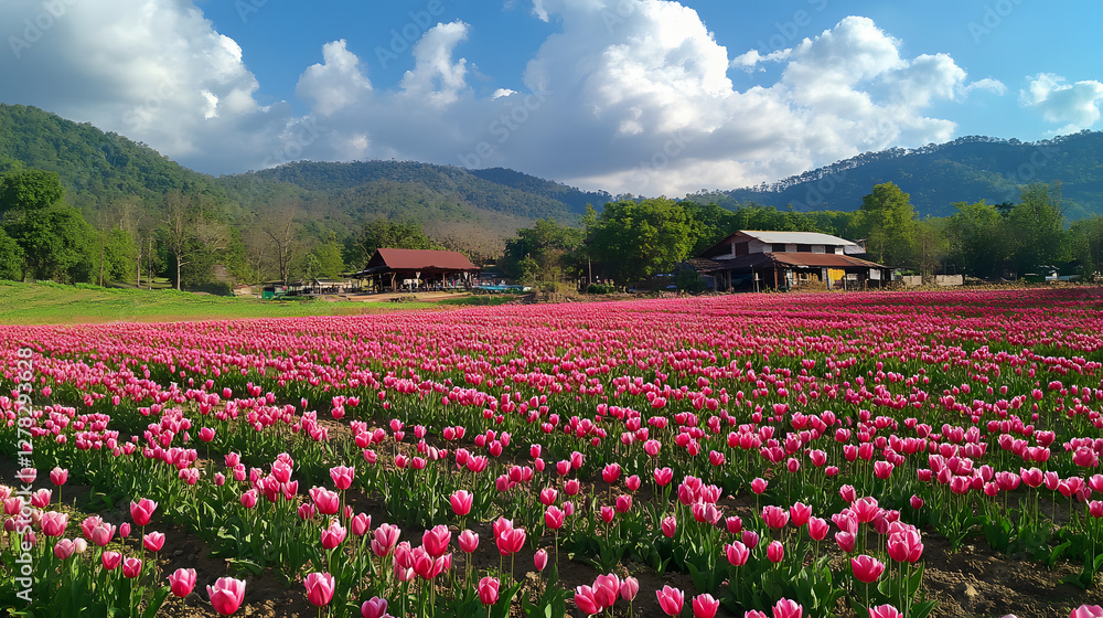 Vibrant flower field, colorful blooms stretching across landscape, lush green hills in background, perfect for nature themes. Vibrant flower field, colorful blooms stretching across landscape, lush green hills in background, perfect for nature themes.