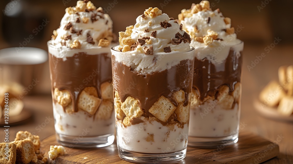 Warm Culinary Creations: A Closeup View of S'mores Ice Cream Desserts with Bold Nostalgic Elements Warm Culinary Creations: A Closeup View of S'mores Ice Cream Desserts with Bold Nostalgic Elements