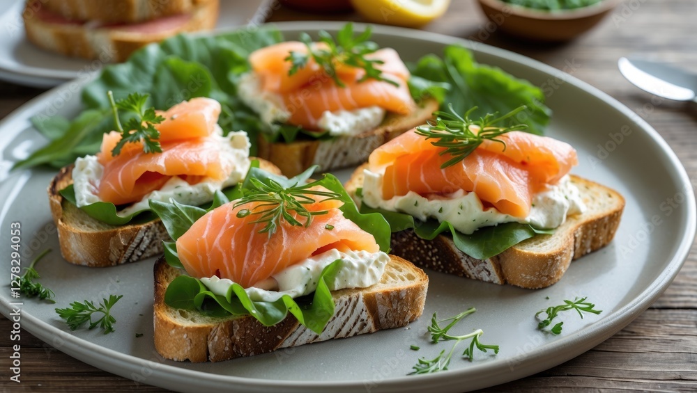 Delicious Salmon Toasts with Fresh Vegetables and Cream Cheese on a Plate Perfect for a Gourmet Meal or Healthy Snack with Space for Text Delicious Salmon Toasts with Fresh Vegetables and Cream Cheese on a Plate Perfect for a Gourmet Meal or Healthy Snack with Space for Text