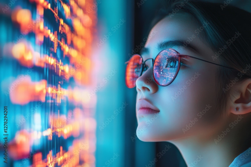 Young woman observes digital data projections at night in a high-tech environment with blue tones enhancing the futuristic atmosphere Young woman observes digital data projections at night in a high-tech environment with blue tones enhancing the futuristic atmosphere