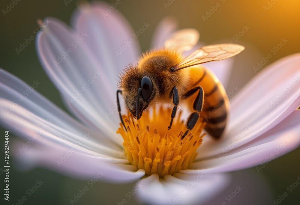 Bee collecting nectar from a white flower Bee collecting nectar from a white flower
