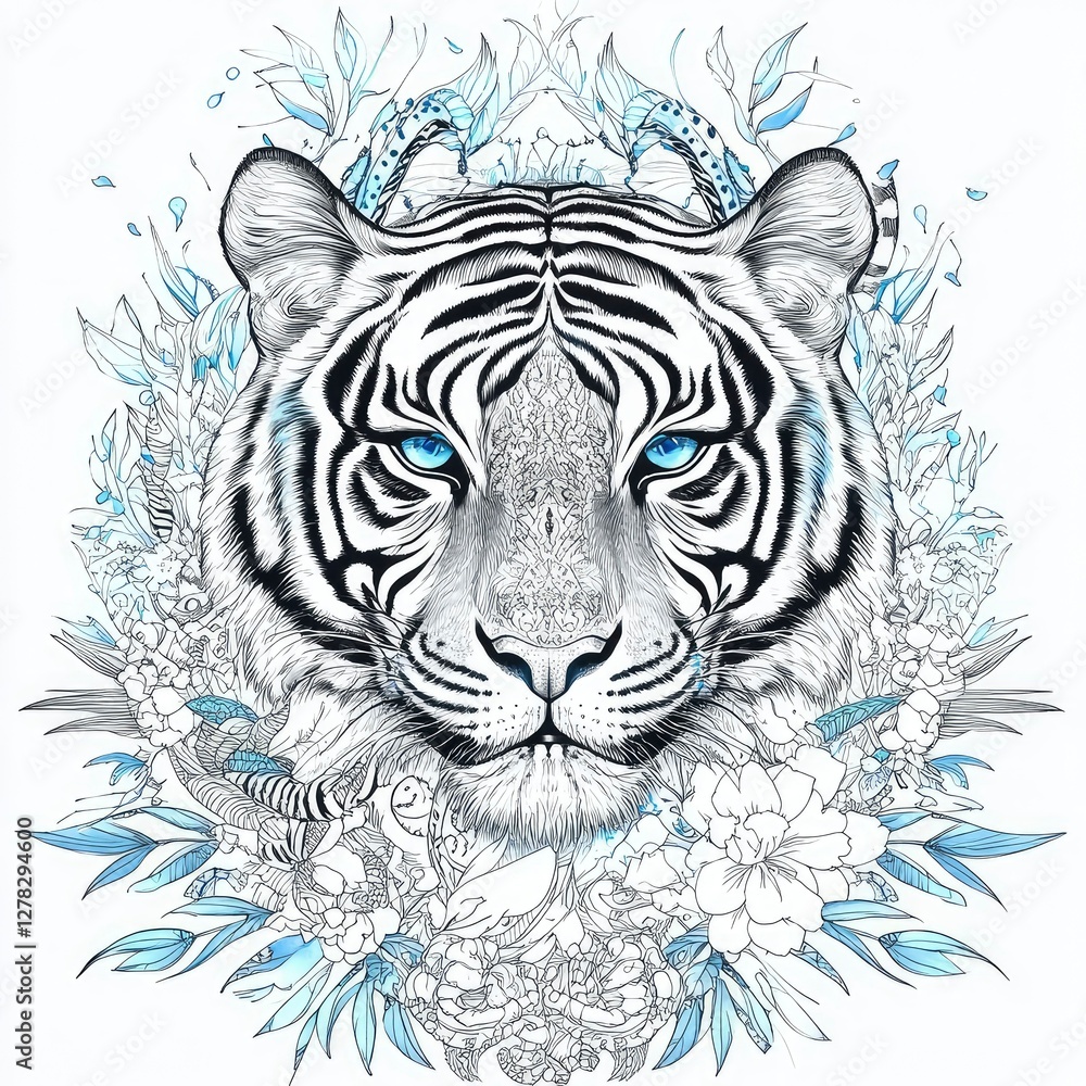 Majestic White Tiger Portrait with Intricate Floral Design Majestic White Tiger Portrait with Intricate Floral Design