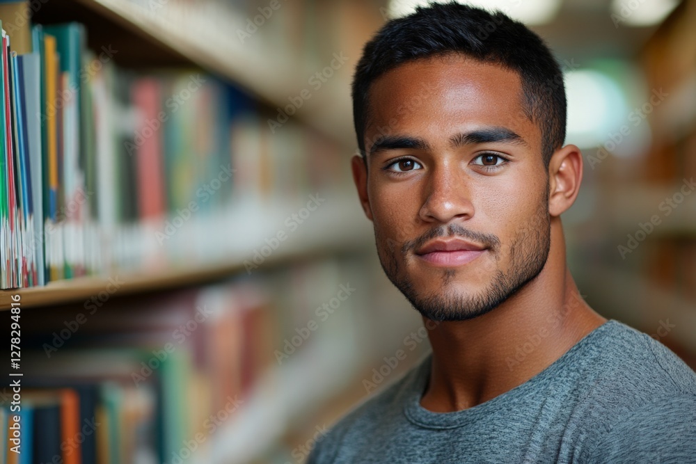 Young man poses confidently in a library surrounded by colorful books on the shelves Young man poses confidently in a library surrounded by colorful books on the shelves