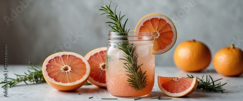 Refreshing Grapefruit Cocktail Garnished with Rosemary in a Jar Surrounded by Fresh Citrus Fruits on a Light Table with Copy Space photo