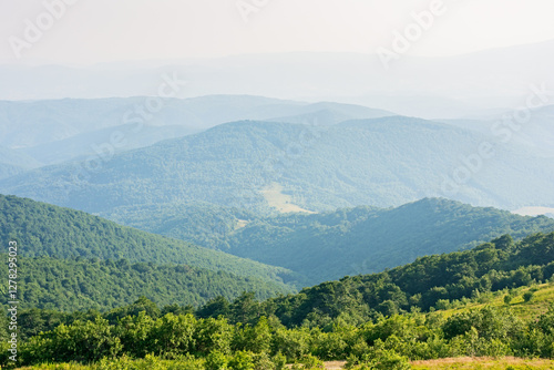 Obraz na płótnie beautiful view of mountain landscape in summer. sunny day. green hill rolling in to the distance in evening light. alpine scenery with valley w salonie