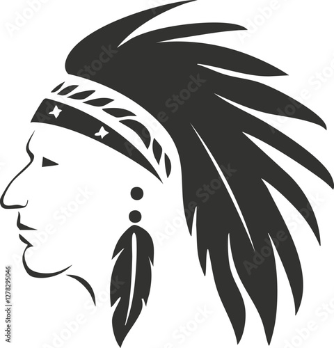 Silhouette of a head with a feathered headdress in profile view.