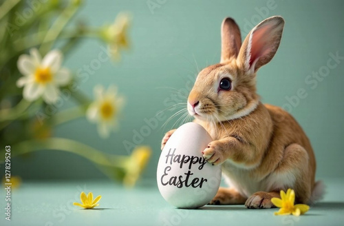 Easter rabbit hold Easter egg. Copy space, Ester celebration concept photo