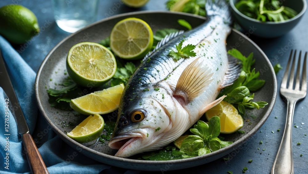Fresh Gurnard Fillet Garnished with Lime and Herbs on Plate with Copy Space for Text in Culinary Presentation Fresh Gurnard Fillet Garnished with Lime and Herbs on Plate with Copy Space for Text in Culinary Presentation