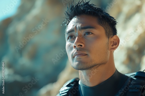 Diver preparing to explore underwater caves at a coastal location during a sunny day