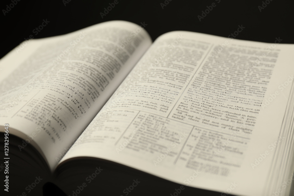Open Holy Bible in English language on black background, closeup Open Holy Bible in English language on black background, closeup