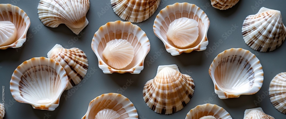 Raw Scallops in Their Shells Displayed on Grey Surface for Culinary and Food Presentation Concepts Raw Scallops in Their Shells Displayed on Grey Surface for Culinary and Food Presentation Concepts