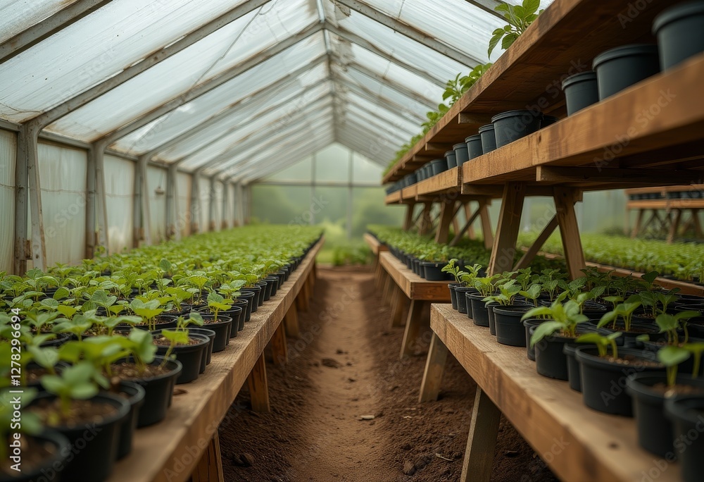 Inside a Greenhouse with Wooden Shelves and Rows of Potted Plants Bathed in Natural Sunlight Perfect for Agricultural and Gardening-Themed Designs Inside a Greenhouse with Wooden Shelves and Rows of Potted Plants Bathed in Natural Sunlight Perfect for Agricultural and Gardening-Themed Designs