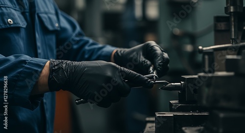 Close-up 3D render of worker hands wearing black nitrile gloves in a factory or kitchen setting, emphasizing safety, protection, and workplace labor conditions.