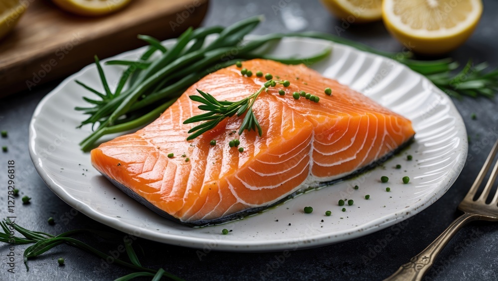 Fresh Salmon Fillet Garnished with Herbs on a White Plate Surrounded by Lemon Slices and Green Onions in a Rustic Setting Fresh Salmon Fillet Garnished with Herbs on a White Plate Surrounded by Lemon Slices and Green Onions in a Rustic Setting