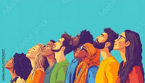 Diverse group of people looking up against a blue background