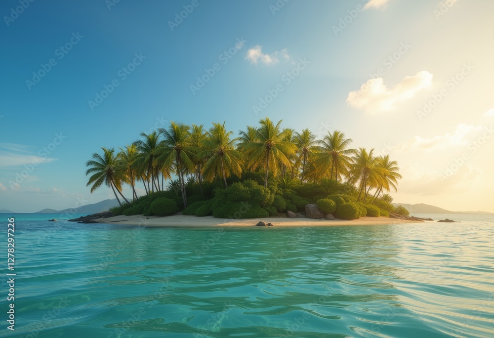 Naklejka premium Idyllic tropical island with lush green palm trees and pristine sandy beach surrounded by crystal clear turquoise waters under a bright blue sky perfect for travel and vacation themes