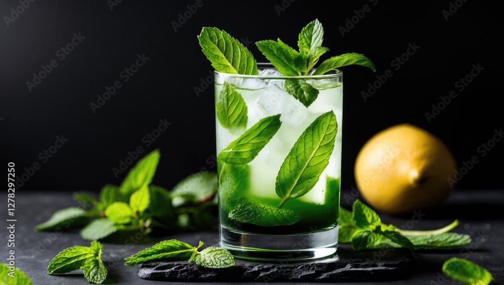 Refreshing Virgin Mojito with Fresh Mint and Ice on Dark Background with Lemon and Mint Leaves for Text Overlay and Design. Refreshing Virgin Mojito with Fresh Mint and Ice on Dark Background with Lemon and Mint Leaves for Text Overlay and Design.