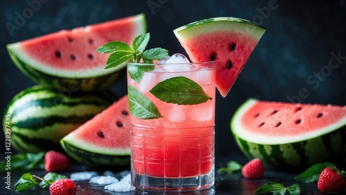 Wallpaper Mural Refreshing Watermelon Cocktail with Mint Garnish Surrounded by Fresh Watermelon Slices on Dark Background Torontodigital.ca