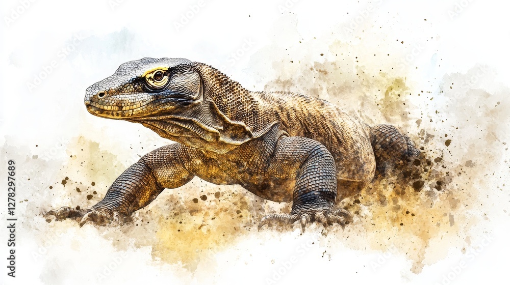 Detailed Artistic Rendering of a Komodo Dragon in Dynamic Pose Detailed Artistic Rendering of a Komodo Dragon in Dynamic Pose