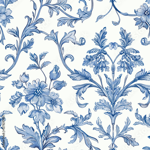 Toile de jouy Floral Blue Toile Chinoiseries Print Design Seamless Pattern 28