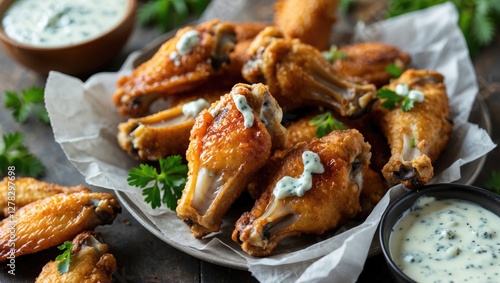 Crispy Fried Chicken Wings Served with Creamy Blue Cheese Dip and Fresh Herbs on Rustic Wooden Background