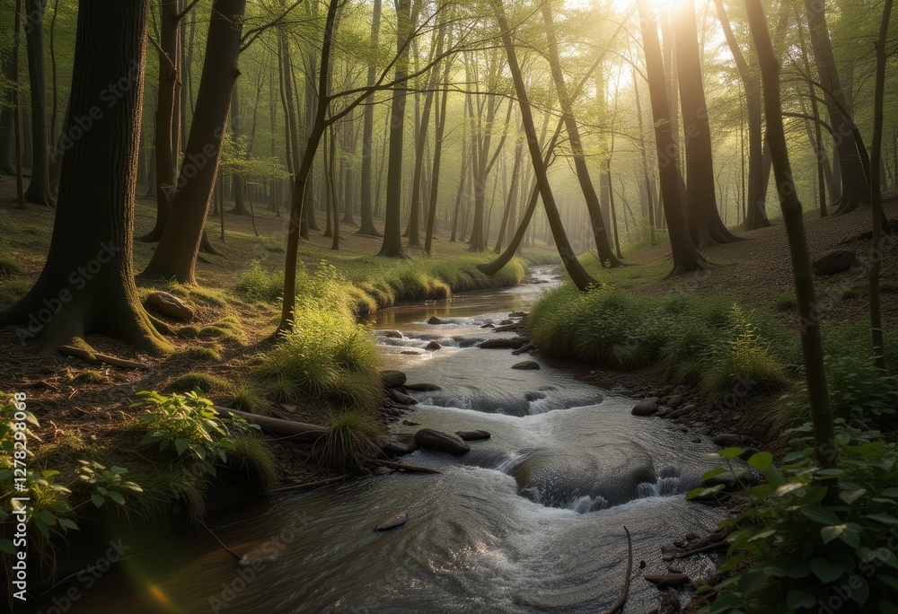 Obraz premium Serene forest stream with moss-covered rocks and sunlit tall trees creating a tranquil atmosphere and picturesque natural beauty perfect for nature and relaxation themes