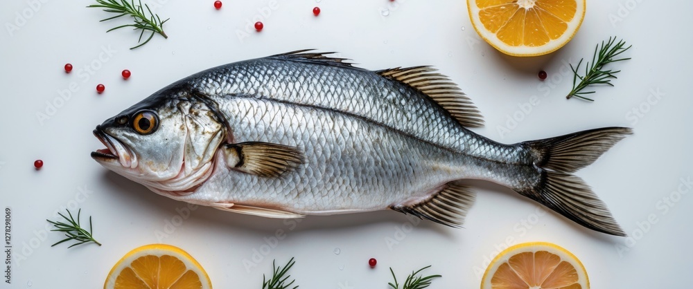 Frozen Fish with Fresh Herbs and Lemon Slices on White Background Ideal for Culinary or Seafood Related Designs Frozen Fish with Fresh Herbs and Lemon Slices on White Background Ideal for Culinary or Seafood Related Designs